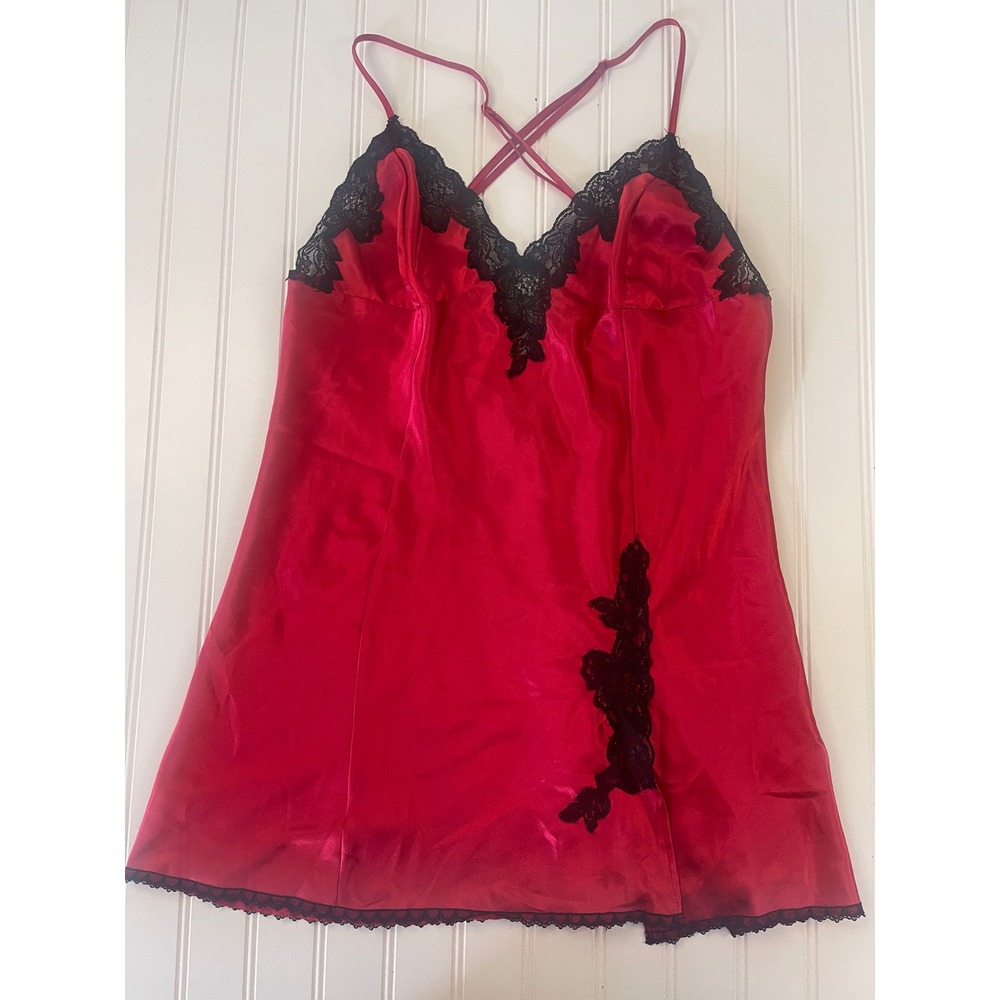 Fredericks of Hollywood Red Satin Lace Chemise Nightgown Large Style